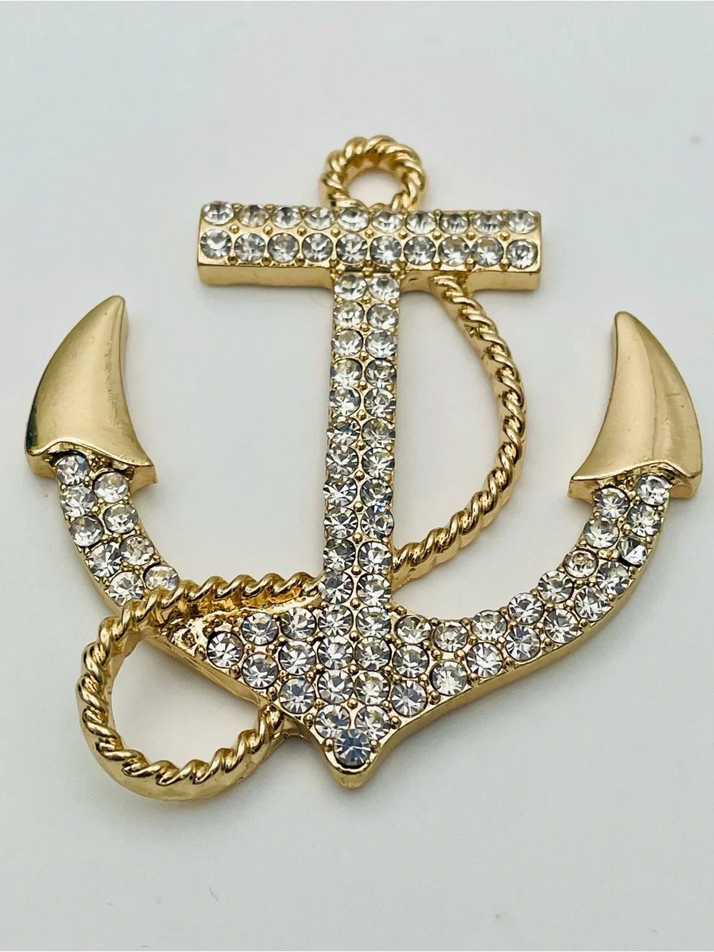 Rhinestone Gold Tone Anchor Pendant with Clear Crystals. Nautical.